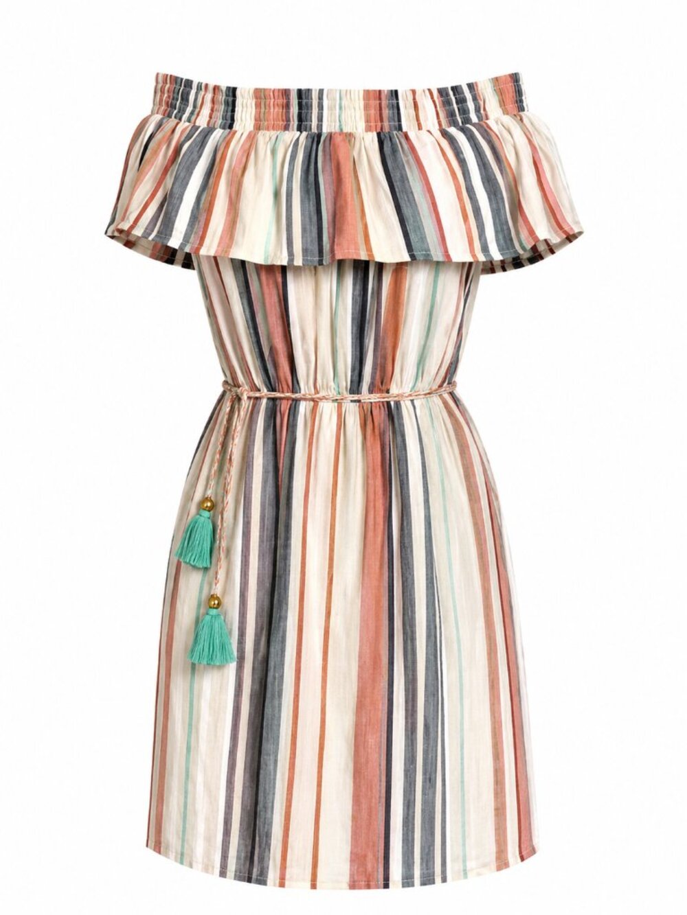 THML Striped Off Shoulder Tassel Belt Dress Small Boho Resort